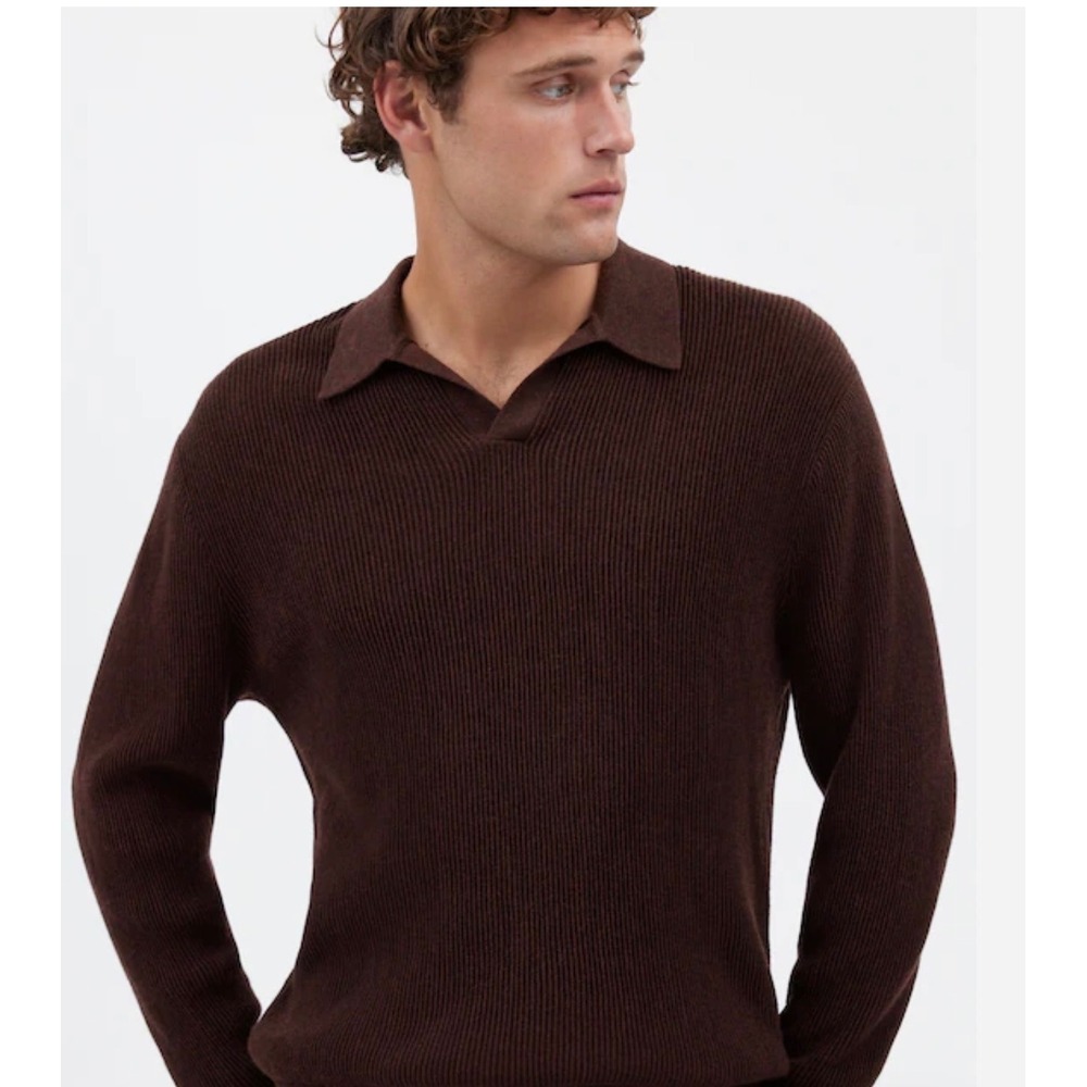 MADEWELL Johnny-Collar Polo Sweater in Merino Wool‎ Brown XL NEW Preppy Casual